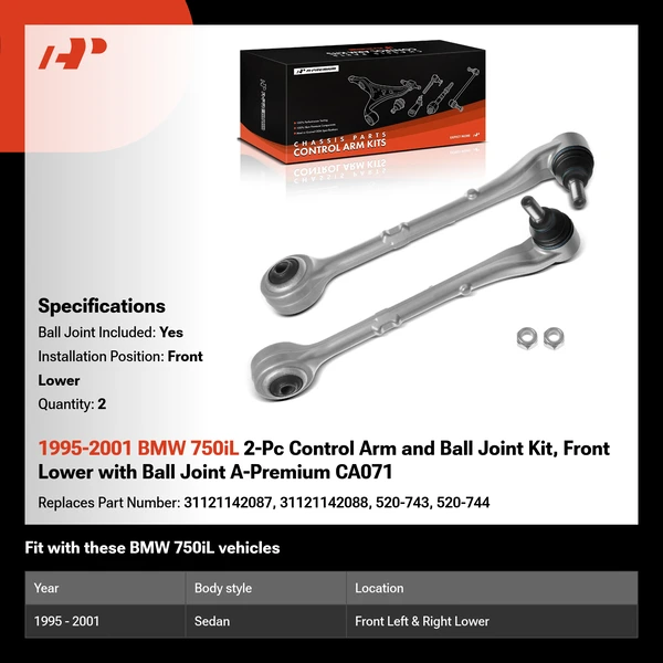 1995-2001 BMW 750iL 2-Pc Control Arm and Ball Joint Kit, Front Lower with Ball Joint A-Premium CA071