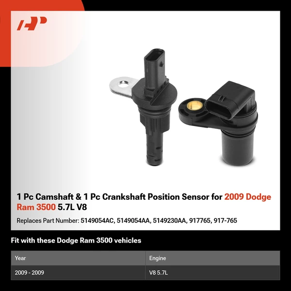 1 Pc Camshaft & 1 Pc Crankshaft Position Sensor for 2009 Dodge Ram 3500 5.7L V8