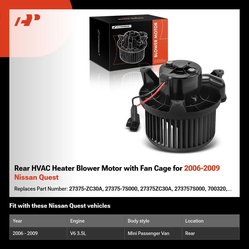 Rear HVAC Heater Blower Motor with Fan Cage for 2006-2009 Nissan Quest