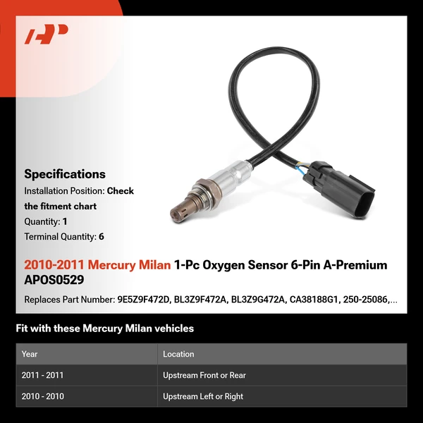2010-2011 Mercury Milan 1-Pc Oxygen Sensor 6-Pin A-Premium APOS0529