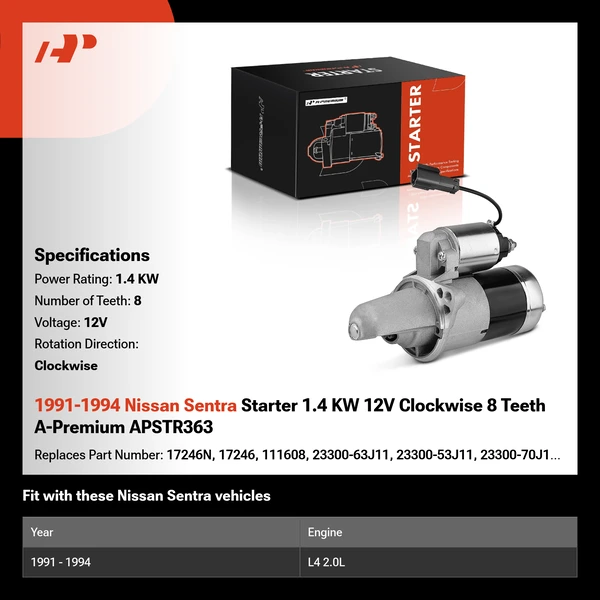 1991-1994 Nissan Sentra Starter 1.4 KW 12V Clockwise 8 Teeth A-Premium APSTR363
