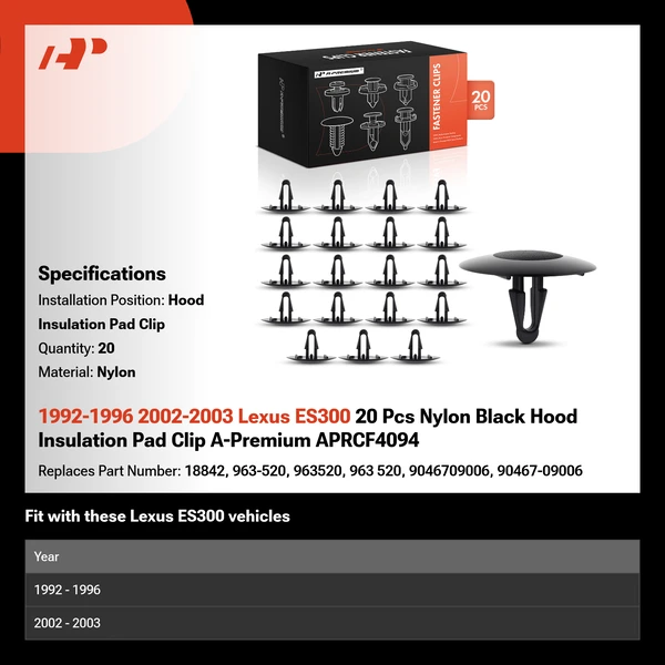 1992-1996 2002-2003 Lexus ES300 20 Pcs Nylon Black Hood Insulation Pad Clip A-Premium APRCF4094