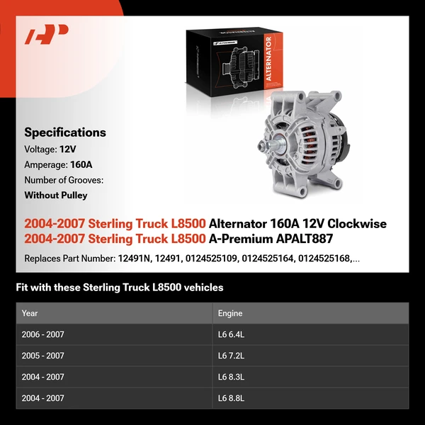 2004-2007 Sterling Truck L8500 Alternator 160A 12V Clockwise 2004-2007 Sterling Truck L8500 A-Premium APALT887