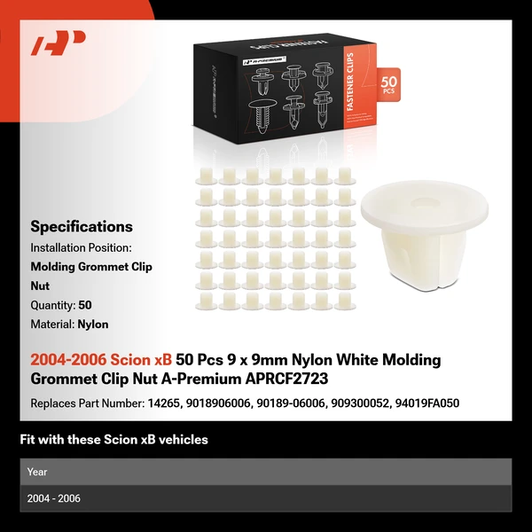 2004-2006 Scion xB 50 Pcs 9 x 9mm Nylon White Molding Grommet Clip Nut A-Premium APRCF2723