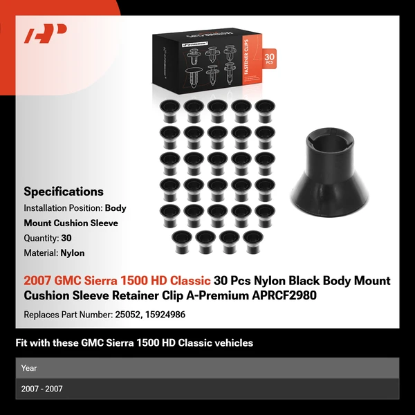 2007 GMC Sierra 1500 HD Classic 30 Pcs Nylon Black Body Mount Cushion Sleeve Retainer Clip A-Premium APRCF2980