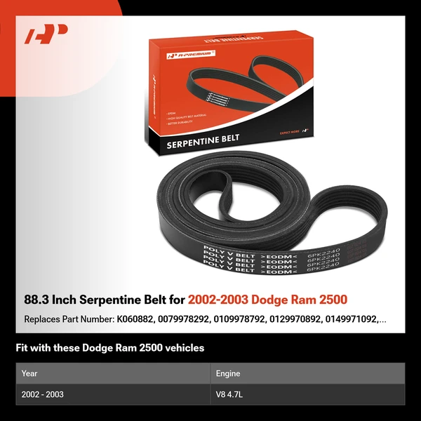 88.3 Inch Serpentine Belt for 2002-2003 Dodge Ram 2500
