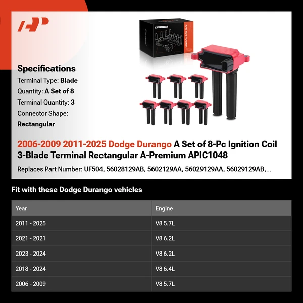 2006-2009 2011-2025 Dodge Durango A Set of 8-Pc Ignition Coil 3-Blade Terminal Rectangular A-Premium APIC1048
