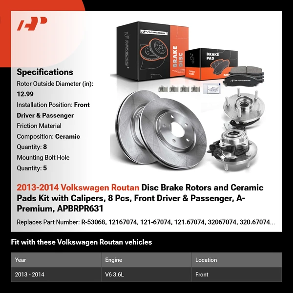2013-2014 Volkswagen Routan Disc Brake Rotors and Ceramic Pads Kit with Calipers, 8 Pcs, Front Driver & Passenger, A-Premium, APBRPR631