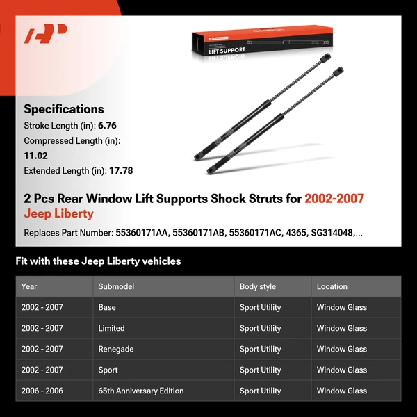 2 Pcs Rear Window Lift Supports Shock Struts for 2002-2007 Jeep Liberty