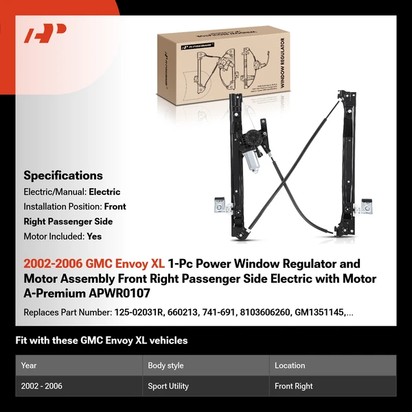 2002-2006 GMC Envoy XL 1-Pc Power Window Regulator and Motor Assembly Front Right Passenger Side Electric with Motor A-Premium APWR0107