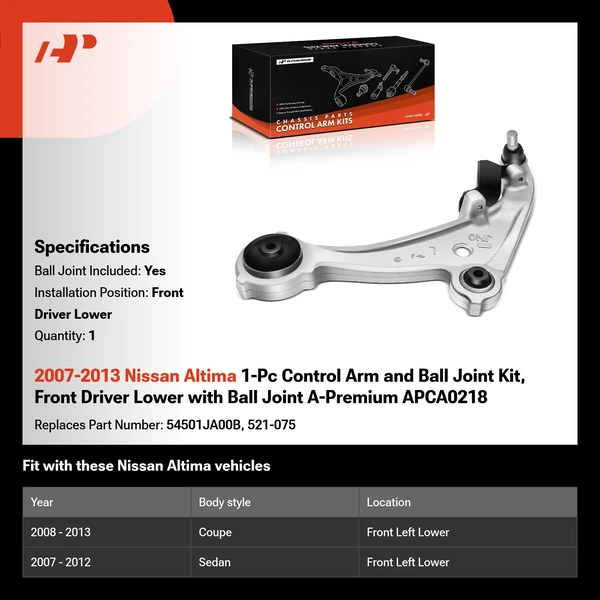 2007-2013 Nissan Altima 1-Pc Control Arm and Ball Joint Kit, Front Driver Lower with Ball Joint A-Premium APCA0218