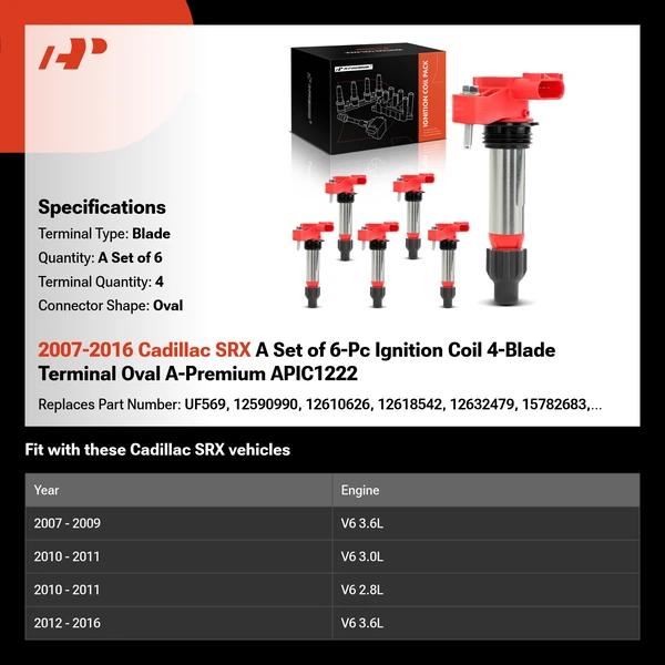 2007-2016 Cadillac SRX A Set of 6-Pc Ignition Coil 4-Blade Terminal Oval A-Premium APIC1222