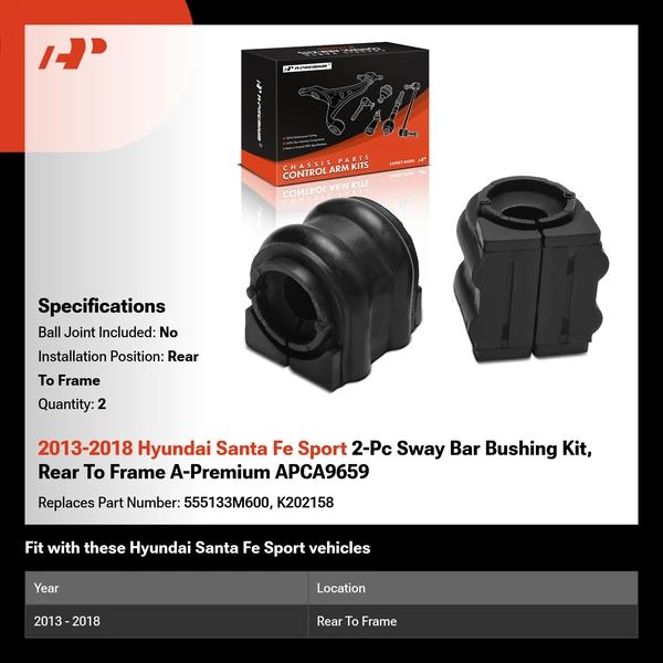2013-2018 Hyundai Santa Fe Sport 2-Pc Sway Bar Bushing Kit, Rear To Frame A-Premium APCA9659