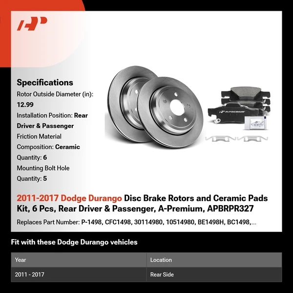 2011-2017 Dodge Durango Disc Brake Rotors and Ceramic Pads Kit, 6 Pcs, Rear Driver & Passenger, A-Premium, APBRPR327