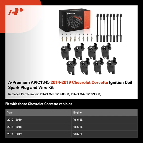 A-Premium APIC1345 2014-2019 Chevrolet Corvette Ignition Coil Spark Plug and Wire Kit
