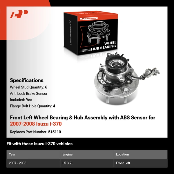 Front Left Wheel Bearing & Hub Assembly with ABS Sensor for 2007-2008 Isuzu i-370