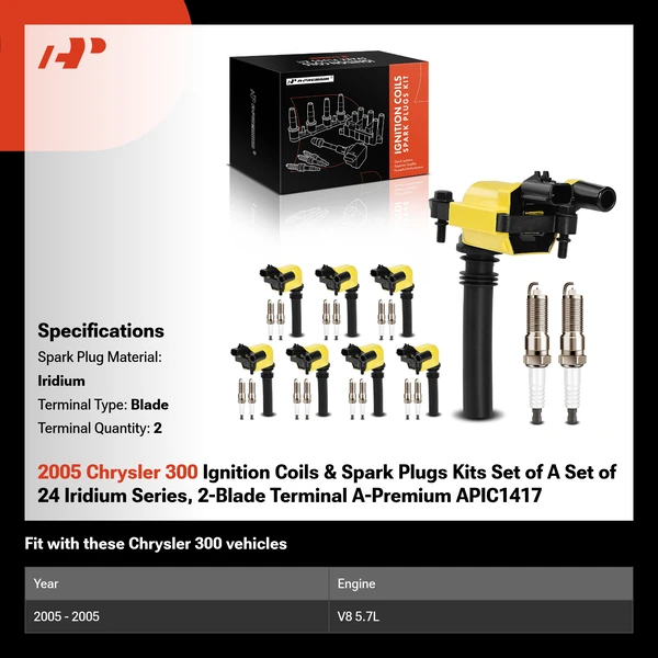 2005 Chrysler 300 Ignition Coils & Spark Plugs Kits Set of A Set of 24 Iridium Series, 2-Blade Terminal A-Premium APIC1417