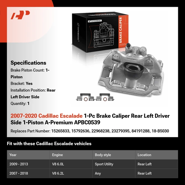 2007-2020 Cadillac Escalade 1-Pc Brake Caliper Rear Left Driver Side 1-Piston A-Premium APBC0539