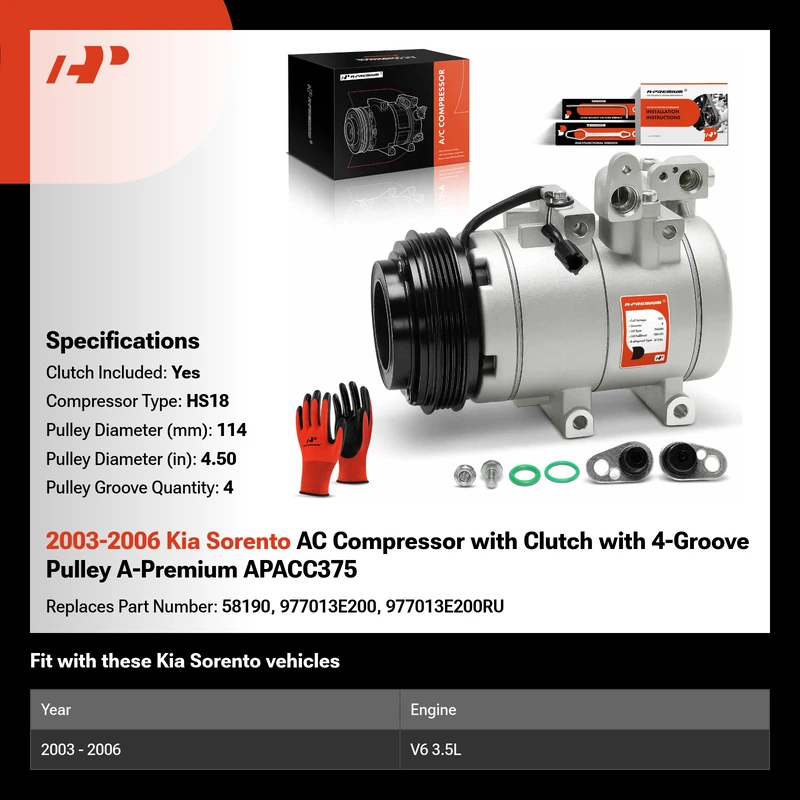 2003-2006 Kia Sorento AC Compressor with Clutch with 4-Groove Pulley A-Premium APACC375