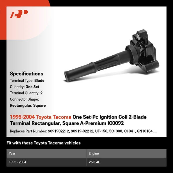 1995-2004 Toyota Tacoma One Set-Pc Ignition Coil 2-Blade Terminal Rectangular, Square A-Premium IC0092