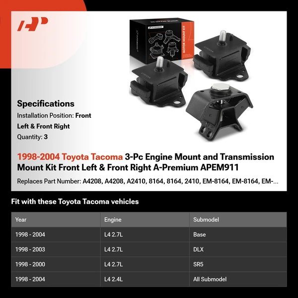 1998-2004 Toyota Tacoma 3-Pc Engine Mount and Transmission Mount Kit Front Left & Front Right A-Premium APEM911