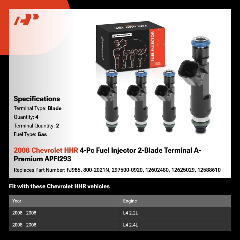 2008 Chevrolet HHR 4-Pc Fuel Injector 2-Blade Terminal A-Premium APFI293