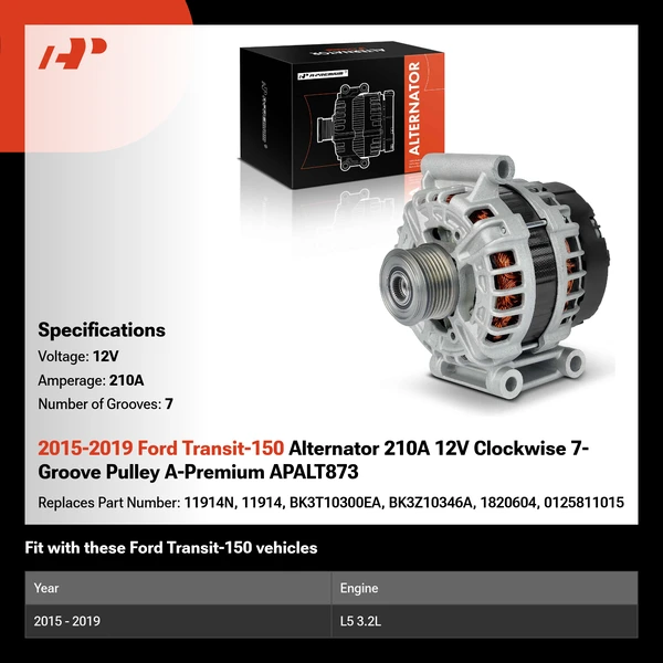 2015-2019 Ford Transit-150 Alternator 210A 12V Clockwise 7-Groove Pulley A-Premium APALT873