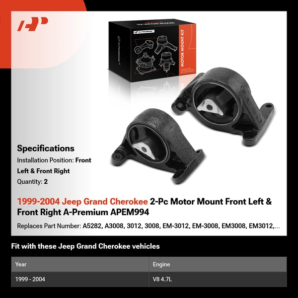 1999-2004 Jeep Grand Cherokee 2-Pc Motor Mount Front Left & Front Right A-Premium APEM994