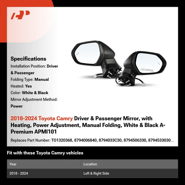 2018-2024 Toyota Camry Driver & Passenger Mirror, with Heating, Power Adjustment, Manual Folding, White & Black A-Premium APMI101