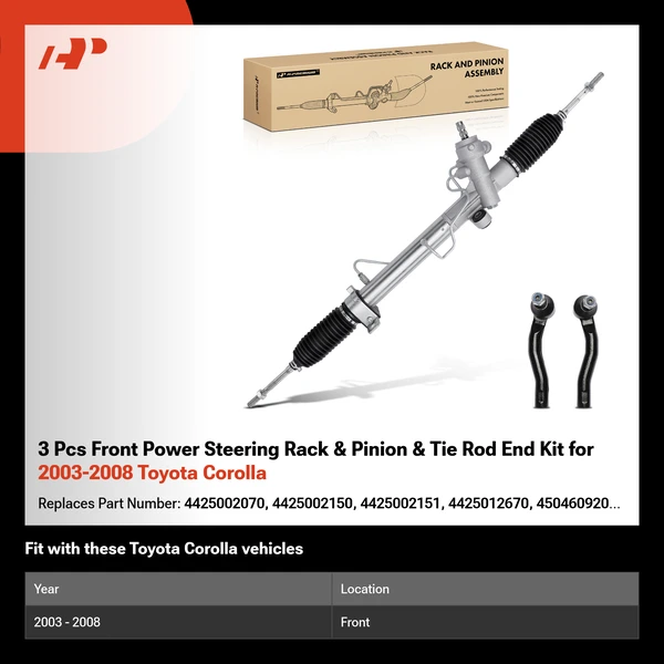 3 Pcs Front Power Steering Rack & Pinion & Tie Rod End Kit for 2003-2008 Toyota Corolla