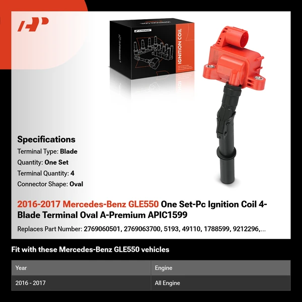 2016-2017 Mercedes-Benz GLE550 One Set-Pc Ignition Coil 4-Blade Terminal Oval A-Premium APIC1599