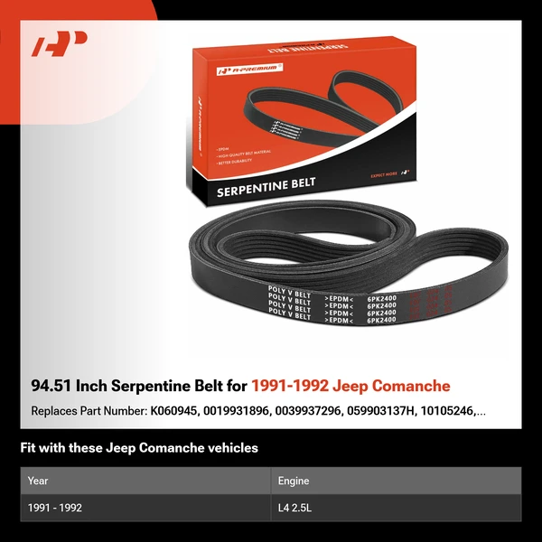 94.51 Inch Serpentine Belt for 1991-1992 Jeep Comanche