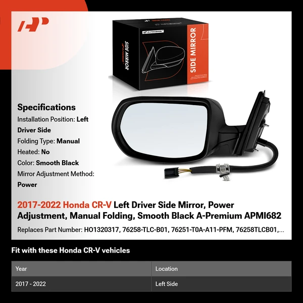 2017-2022 Honda CR-V Left Driver Side Mirror, Power Adjustment, Manual Folding, Smooth Black A-Premium APMI682