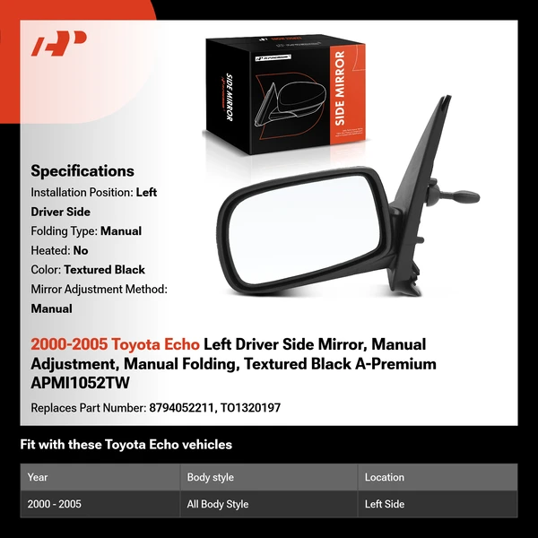 2000-2005 Toyota Echo Left Driver Side Mirror, Manual Adjustment, Manual Folding, Textured Black A-Premium APMI1052TW