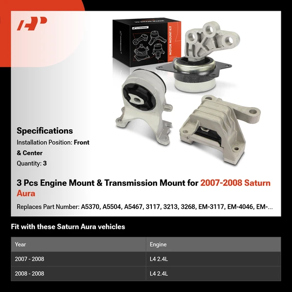 3 Pcs Engine Mount & Transmission Mount for 2007-2008 Saturn Aura