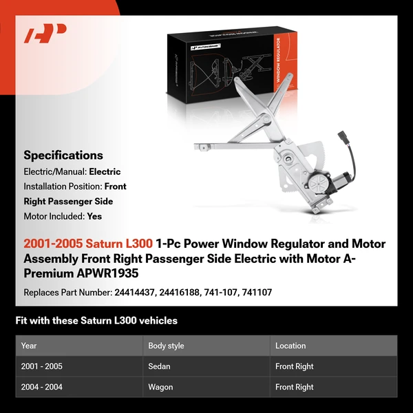 2001-2005 Saturn L300 1-Pc Power Window Regulator and Motor Assembly Front Right Passenger Side Electric with Motor A-Premium APWR1935