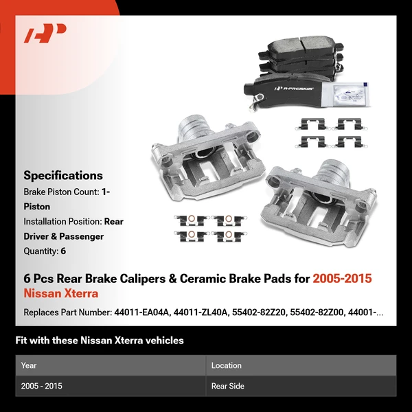 6 Pcs Rear Brake Calipers & Ceramic Brake Pads for 2005-2015 Nissan Xterra