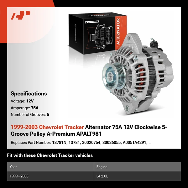 1999-2003 Chevrolet Tracker Alternator 75A 12V Clockwise 5-Groove Pulley A-Premium APALT981