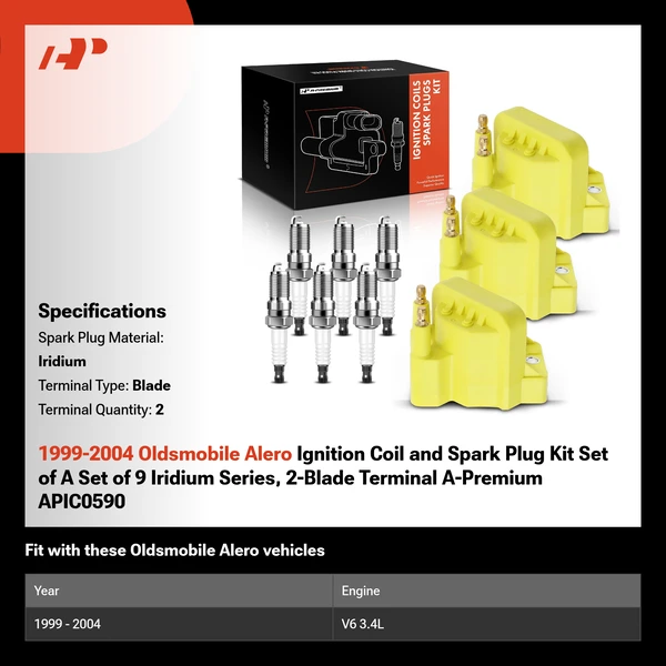 1999-2004 Oldsmobile Alero Ignition Coil and Spark Plug Kit Set of A Set of 9 Iridium Series, 2-Blade Terminal A-Premium APIC0590