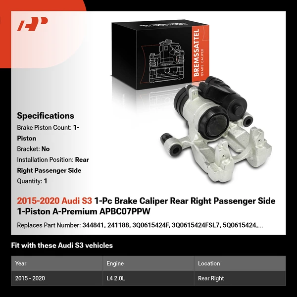 2015-2020 Audi S3 1-Pc Brake Caliper Rear Right Passenger Side 1-Piston A-Premium APBC07PPW