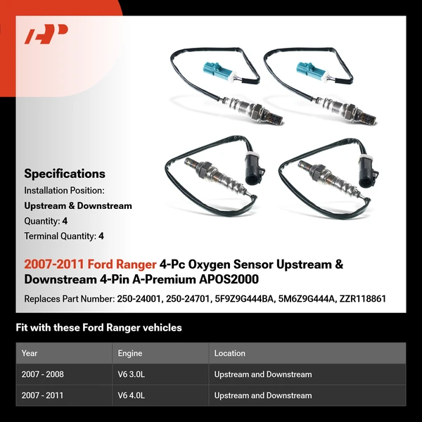 2007-2011 Ford Ranger 4-Pc Oxygen Sensor Upstream & Downstream 4-Pin A-Premium APOS2000