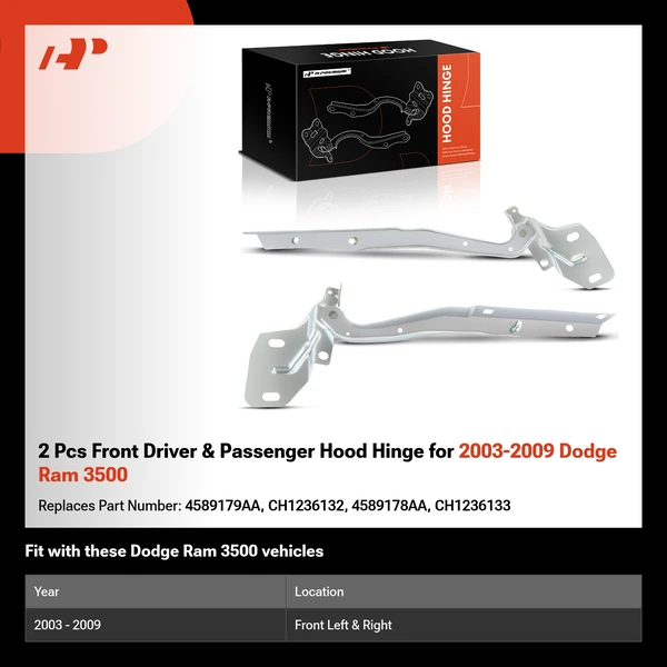 2 Pcs Front Driver & Passenger Hood Hinge for 2003-2009 Dodge Ram 3500