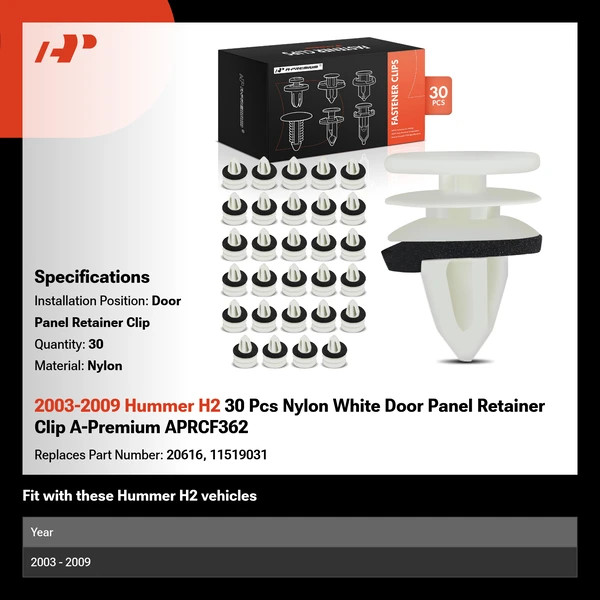 2003-2009 Hummer H2 30 Pcs Nylon White Door Panel Retainer Clip A-Premium APRCF362