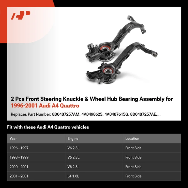 2 Pcs Front Steering Knuckle & Wheel Hub Bearing Assembly for 1996-2001 Audi A4 Quattro