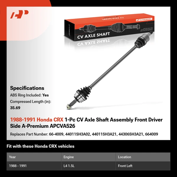 1988-1991 Honda CRX 1-Pc CV Axle Shaft Assembly Front Driver Side A-Premium APCVA526