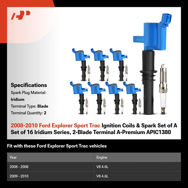 2008-2010 Ford Explorer Sport Trac Ignition Coils & Spark Set of A Set of 16 Iridium Series, 2-Blade Terminal A-Premium APIC1380