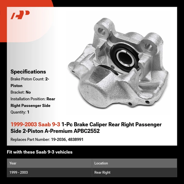 1999-2003 Saab 9-3 1-Pc Brake Caliper Rear Right Passenger Side 2-Piston A-Premium APBC2552