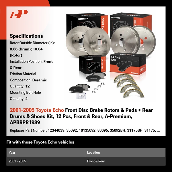 2001-2005 Toyota Echo Front Disc Brake Rotors & Pads + Rear Drums & Shoes Kit, 12 Pcs, Front & Rear, A-Premium, APBRPR1989