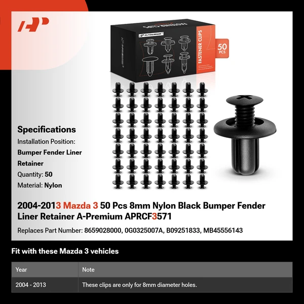 2004-2013 Mazda 3 50 Pcs 8mm Nylon Black Bumper Fender Liner Retainer A-Premium APRCF3571