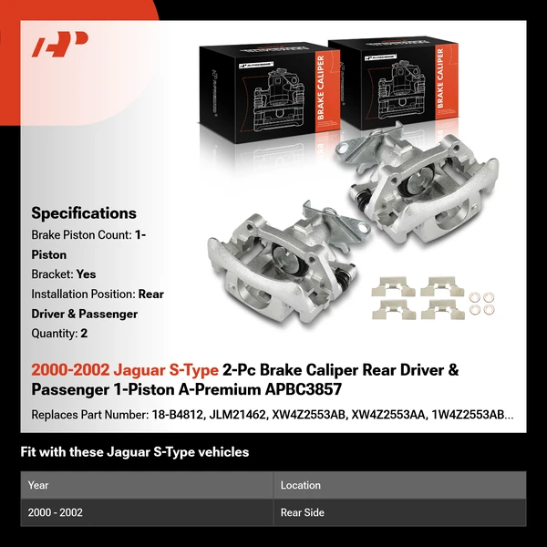 2000-2002 Jaguar S-Type 2-Pc Brake Caliper Rear Driver & Passenger 1-Piston A-Premium APBC3857